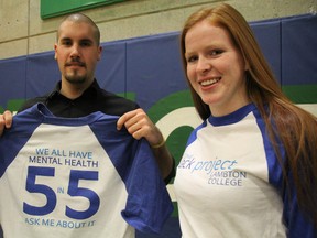 Lambton College students Chas Douglas and Nicole Byrans are gearing up for Olympian Clara Hughes' stop in Sarnia Tuesday. Students have been busy organizing an indoor bike relay on the same day to raise funds for mental health initiatives. (BARBARA SIMPSON, The Observer)