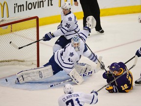 Maple Leafs goalie Jonathan Bernier makes a save on Kings’ Marian Gaborik during the first period at Staples Center on Thursday. Bernier’s lower-body injury doesn’t look to be serious. (USA TODAY/photo)