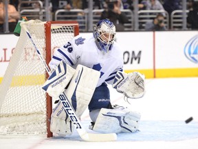 James Reimer of the Toronto Maple Leafs makes a save on a shot during the second period against the Los Angeles Kings at Staples Center on March 13, 2014 in Los Angeles. (Harry How/Getty Images/AFP)