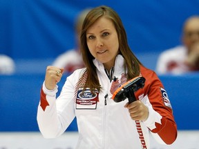 Canadian skip Rachel Homan reacts after a shot during her draw against Russia at the world women's curling championship on March 15. (Reuters)