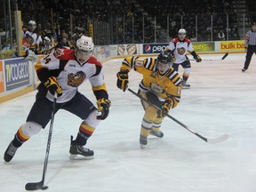 Sarnia's Vladislav Kodola (in yellow) chases after Erie Otters forward Brendan Gaunce during the 2nd period of their game in Sarnia on Friday, Feb. 28. The two teams squared off again on Saturday, March 15 with Erie beating the Sting 8-4 to end Sarnia's season. SHAUN BISSON/ THE OBSERVER/ QMI AGENCY