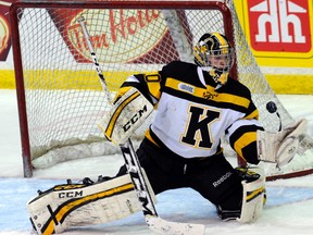 Lucas Peressini of the Kingston Frontenacs stops a shot against the Mississauga Steelheads during action on Sunday at the Hershey Centre in Mississauga.  (Graig Abel)