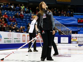 Canada's skip Rachel Homan reacts after a shot during her draw against Switzerland at the World Women's Curling Championships in St. John, N.B., March 16, 2014. (MATHIEU BELANGER/Reuters)