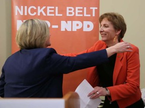 Gino Donato/The Sudbury Star
NDP leader Andrea Horwath congratulates France Gelinas, who was nominated Sunday as the party's Nickel Belt candidate. A provincial election is expected this spring.