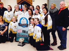 The Mitchell U16A ringette team captured the Ontario championship this past weekend in Kitchener. The team lost its first game of the six-game round robin but then never lost again, reeling off seven straight wins including back-to-back playoff victories in overtime Sunday. Team members are (back row, left to right): Kent Kipfer (assistant coach), Avery Wedow, Hailey Wietersen, Rachelle Keys, Natalie Reay, Amy Alcock, Reagan Vandewalle, Lee Ann Rocher (trainer), Tim McCann (coach). Middle row (left): Sarah Edwards, Alyssa VanderKuylen, Kendra Nesbitt. Front row (left): Gianniana Leach (manager), Claire Rocher, Christie McCann, Christine Leach. SUBMITTED PHOTO