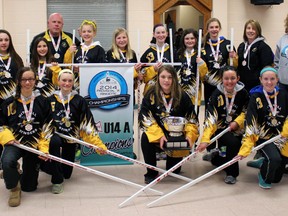 Members of the Mitchell U14A ringette team show off their gold medals after winning the McCarthy Division (second tier) championship Sunday, March 16 in Kitchener. SUBMITTED PHOTO