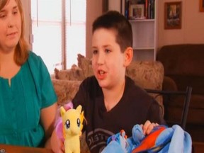 Grayson Bruce (R) with his mother, giving an interview to ABC News about his school's decision to ban him from wearing his My Little Pony backpack.

(Screengrab/ABC News)