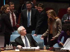 Samantha Power (R), the American ambassador to the United Nations talks to Russia's ambassador to the United Nations, Vitaly Churkin, before a vote regarding the Ukrainian crisis is taken at the UN Security Council in New York March 15, 2014. REUTERS/Andrew Kelly