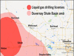 The Duvernay Shale Basin spans a large swath of west central Alberta, with a majority of liquid gas well licenses around Fox Creek, northwest of Whitecourt. Whitecourt Star Graphic | Map courtesy Google Earth