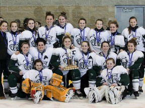 The Kingston Area champion Holy Cross Crusaders are the No. 2 seed at the Ontario AAA/AAAA girls hockey championship tournament in Sudbury. (Julia McKay/The Whig-Standard)