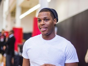 Kyle Lowry was in his civilian clothes at Raptors practice yesterday due to flu-like symptoms. (Ernest Doroszuk/Toronto Sun)