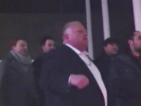 Mayor Rob Ford as seen in a new video obtained by CTV Toronto on the weekend. The video was shot just outside Toronto City Hall on Saturday night. In the video, Ford can be heard swearing. (Screen capture courtesy of CP24/CTV)