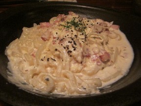 Carbonara sauce on udon noodles – an Izakaya Tomo creation.