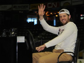 Sarnia Sting captain Nick Latta takes the zamboni for a spin at the RBC Centre after his exit interview on Sunday, March 15. Latta's 4 year OHL career (all with the Sting) came to an end this past weekend, but his hockey career is not over. He is set to join the AHL's Hartford Wolf Pack this week. SHAUN BISSON/THE OBSERVER/QMI AGENCY