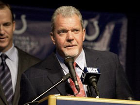 Indianapolis Colts owner Jim Irsay speaks at a press conference announcing Peyton Manning's release from the Colts at Indiana Farm Bureau Football Center on March 7, 2012. (Joey Foley/Getty Images/AFP)