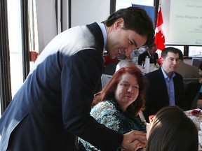 Liberal Party Leader Justin Trudeau greets guests at a Greater Kingston Chamber of Commerce lunch Tuesday in Kingston.
Elliot Ferguson The Whig-Standard