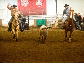 Lakeland College hosted the last stop for college rodeo competitors before the championships in Edmonton on March 27-29. Team ropers chase a steer during the weekend competition.