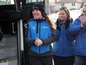 Clara Hughes smiles as she prepares to speak to a crowd of over 200 people at Lambton College on Tuesday, March 18. Hughes was on day five of her 110 day, 12,000km cross-Canada "Clara's Big Ride", a mental illness awareness campaign. SHAUN BISSON/THE OBSERVER/QMI AGENCY