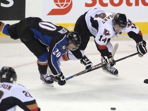 Kootenay Ice forward Tim Bozon (left) and Brady Brassart of the Calgary Hitmen battle for the puck in WHL action at the Scotiabank Saddledome in Calgary, Alberta, on Dec. 30, 2013. (MIKE DREW/QMI Agency)