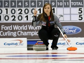 Canadian skip Rachel Homan gestures to her teammates during her draw against Germany at the world women's curling championships in Saint John, N.B., March 19, 2014. (REUTERS/Mathieu Belanger)