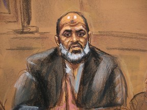 Osama bin Laden's son-in-law Suleiman Abu Ghaith is seen in a courtroom drawing as he takes the stand in his own defense against terrorism charges in New York March 19, 2014. (REUTERS/Jane Rosenberg)