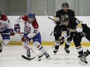 Alex Tonge (22) and the Kingston Voyageurs host the Trenton Golden Hawks in Game 5 of their OJHL North-East Conference semifinal Thursday at 7 p.m. at the Invista Centre. (Julia McKay/The Whig-Standard)