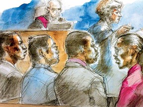 Co-accuseds (from left) Lenford Crawford, Daniel Wong, Eric Carty, David Mylvaganam, and Jennifer Pan in Newmarket court on March 19, 2014. (Pam Davies sketch)