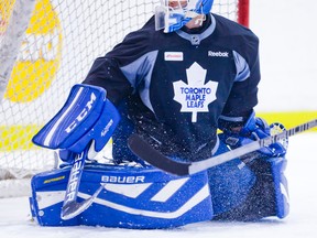 Goaltender Drew MacIntyre works out during a Toronto Maple Leafs practice at the MasterCard Centre for Hockey Excellence in Toronto on Sept. 20, 2013. (ERNEST DOROSZUK/Toronto Sun files)