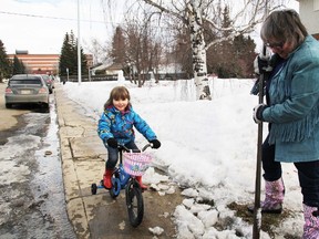 A sure sign that Spring is just around the corner. As grandmother Sharron Pope chops some ice in front of her home in Grand Prairie, Alta. on Wednesday, March 19, 2014, as her four-year-old granddaughter Logan gets her bike out for the first time this year. (JESSE THOMAS/QMI AGENCY)