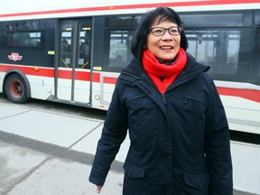Olivia Chow announces her transit vision at bus shelter in North York on Thursday. (DAVE ABEL/Toronto Sun)