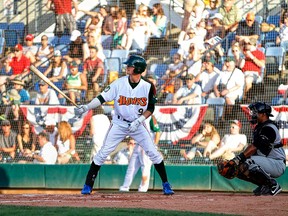 Boise Hawks left fielder Trevor Gretzky at bat during minor league baseball action at Memorial Stadium in Boise, Idaho on July 28, 2013. (Photo courtesy of Boise Hawks)