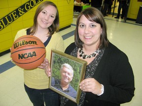 Kaela Van Wynsberghe (left) and Mandie Marques are organizing a fundraising basketball game in memory of DDSS teacher Brad Sergeant, who died in January of cancer age 54. The event will be held Sat., April 26. (DANIEL R. PEARCE Delhi News-Record)