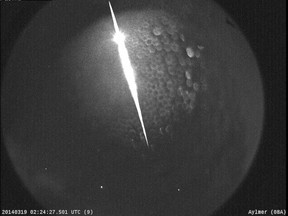 A composite all-sky camera image of a fireball as seen from Aylmer. The fireball is believed to have produced meteorites, and researchers from Western University are seeking the public's help in finding them. (Photo courtesy of Western University)