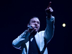 Justin Timberlake performs during his 20/20 Experience World Tour stop at Rexall Place in Edmonton, Alta., on Monday, Jan. 13, 2014. (Ian Kucerak/QMI Agency)