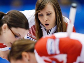 Canada's skip Rachel Homan yells instructions to her teammates during their draw against China at the world women's curling championship in Saint John, N.B., on Thursday, March 20, 2014. (Mathieu Belanger/Reuters)