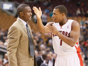 Point guard Kyle Lowry (right) and Dwane Casey seem to be on the same page this season for the playoff-bound Raptors. (USA Today/photo)