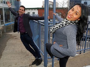 Partners Melissa Cowie and Joey Rufo strike a pose outside Century Place Thursday after the kickoff of Dancing with the Stars of Quinte. The dance challenge and Volunteer and Information Quinte fundraiser is May 23 at Yardmen Arena. 
Luke Hendry/The Intelligencer