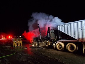 Fire crews didn't get much sleep on Thurdsay as they struggled to contain an overnight truck fire at the Chickadee rest stop. The driver, who was asleep in the truck, managed to escape unhurt. Photo courtesy Whitecourt Fire Department