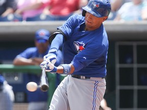 Blue Jays’ Ryan Goins had another rough day at the plate against the Phillies, going 0-for3, in Clearwater, Fla., yesterday. (Veronica Henri/Toronto Sun)