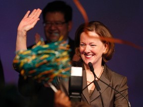 Alison Redford waves to the crowd after she was announced the winner of the p;arty leadership race, Redford now will become Alberta's new premier  at the Alberta PC  leadership race at the Edmonton EXPO Centre in Edmonton on Saturday October 1, 2011. TOM BRAID/QMI AGENCY