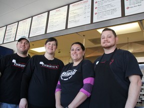 The Skillas family — Greg, his wife Julie, and Christina with husband Chris — are getting ready to open a new Christo's Pizza and Burgers location in Bright's Grove next month. They're pictured hear at the Capel and Exmouth Street location in Sarnia, Ont. Friday March 21, 2014. (TYLER KULA, The Observer)