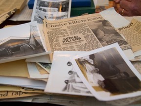 Photos and press clippings form part of the treasure trove of notes left by former OPP Detective Sergeant Dennis Alsop and recently discovered by his son Dennis Alsop Jr. The memoirs from Alsop detail his work on several unsolved murder cases in London, Ont. from the 60's and 70's. (MIKE HENSEN, The London Free Press)