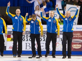 The Kevin Koe rink celebrates its victory at the Brier earlier this month in Kamloops, B.C. (Reuters)