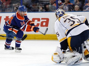 Jordan Eberle says he hurt his knee in a collision with Mike Fisher during his last shift against the Predators Tuesday. (Ian Kucerak, Edmonton Sun)