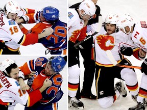 Luke Gazdic and Kevin Westgarth traded blows the last time the two teams met on March 1, with Westgarth needing help off the ice afterward. (David Bloom, Edmonton Sun)