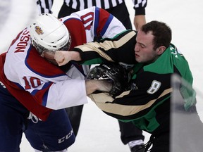 This fight between Henrik Samulsson and Raiders’ Craig Leverton the last time the two teams met indicates about how the two teams feel about each other. (David Bloom, Edmonton Sun)