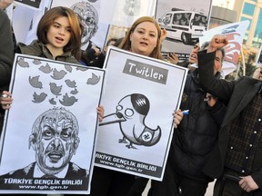 Demonstrators, members of the Turkish Youth Union, shout anti-government slogans during a protest against a Twitter ban, in Ankara March 21, 2014. Turkey's courts have blocked access to Twitter a little over a week before elections as Prime Minister Tayyip Erdogan battles a corruption scandal that has seen social media awash with alleged evidence of government wrongdoing. The ban came hours after a defiant Erdogan, on the campaign trail ahead of key March 30 local elections, vowed to "wipe out" Twitter and said he did not care what the international community had to say about it. REUTERS/Stringer