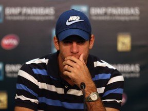 Juan Del Potro of Argentina addresses the media after pulling out of the BNP Paribas Open at Indian Wells Tennis Garden on March 9, 2014 in Indian Wells, California. (Jeff Gross/Getty Images/AFP)
