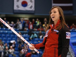 Canada's skip Rachel Homan reacts after throwing her last stone against Switzerland during her page playoff game at the World Women's Curling Championships in Saint John, New Brunswick, March 21, 2014. (REUTERS/Mathieu Belanger)