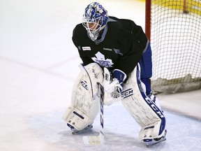 Maple Leafs goaltender Jonathan Bernier waits for a shot during Leafs practice at the MasterCard Centre in Toronto on March 21, 2014. (DAVE ABEL/Toronto Sun)